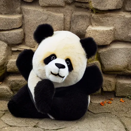 Prompt: a sitting panda hugging a plushy in the shape of a lion, photography, award winning, 8 k