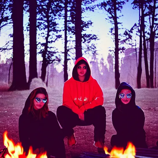 Image similar to grainy 90s poloraid photo of a young woman wearing a Synthwave style hoodie near a campfire, sitting with friends; vintage image artifacts