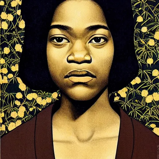 Prompt: “ letitia wright portrait by ikenaga yasunari and ayana otake and ko rakusui, 6 0 s poster, drawing, realistic, sharp focus, japanese, dreamy, nostalgia, faded, golden hues, floral clothes, porcelain skin ”