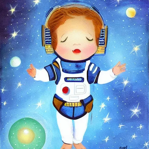 Prompt: a cute little girl with a round cherubic face, blue eyes, and short wavy light brown hair smiles as she floats in space with stars all around her. she is an astronaut, wearing a space suit. beautiful painting with highly detailed face by artgerm and quentin blake