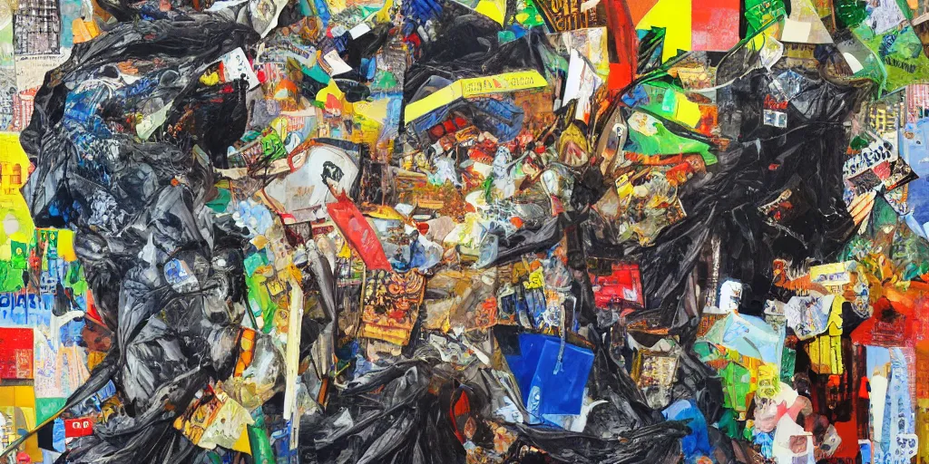 Prompt: mad trash bags, collage, acrylic on canvas, expressionism movement,, ultra detailed, breathtaking detailed, by blake neubert