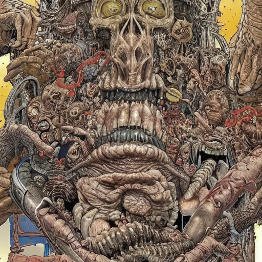 Image similar to an impossible nightmare beyond comprehension, very very detailed painting by geof darrow and greg rutowski and hr giger