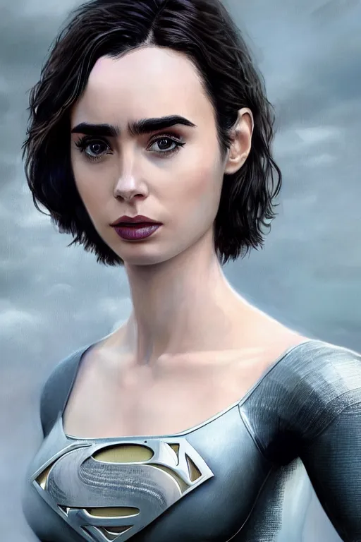 Image similar to a fancy close up of Man of Steel cast as Lily Collins by Greg Rutkowski, Sung Choi, Mitchell Mohrhauser, Maciej Kuciara, Johnson Ting, Maxim Verehin, Peter Konig, 8k photorealistic, cinematic lighting, HD, high details, dramatic, trending on artstation, full body shot