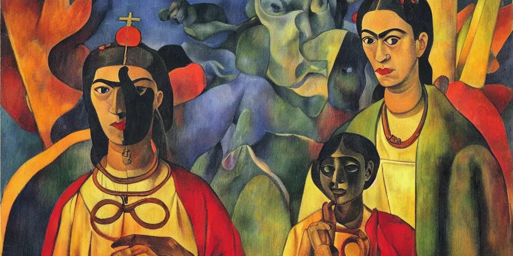 Image similar to supernatural vatican n paul gauguin, art by frida kahlo show poster, sharp focus, smooth