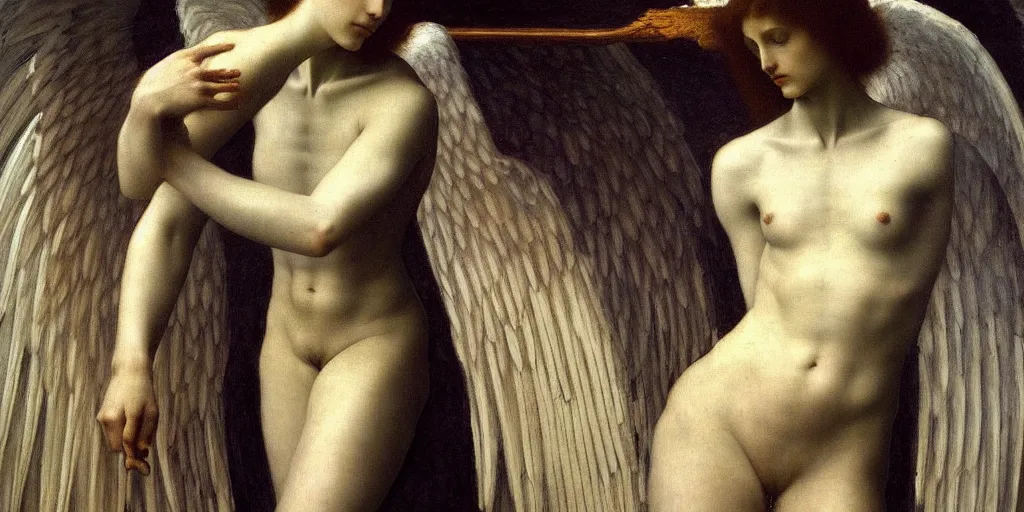 Prompt: a detailed painting of a beautiful archangel, beautiful face and body, halo of sacred light, magical mood, muted tones, by fernand khnopff, jean delville, caravaggio, epic composition, exquisite details, dark mood,