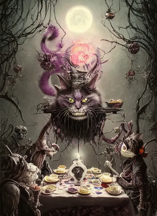 Image similar to Cheshire Cat on a tea party,Death Tarot card,highly detailed,half skull face,cinematic,8k,by Stanley Artgermm,Tom Bagshaw,Greg Rutkowski,Carne Griffiths, Ayami Kojima, Beksinski, Giger,trending on DeviantArt,hyper detailed,horror, full of colour