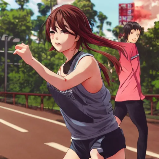 Image similar to anime style, gta 5, girl is running, angry look, red sport clothing, marathon race, brown short hair, hair down, symmetrical facial features, from arknights, hyper realistic, rule of thirds, extreme detail, 4 k drawing, safebooru, realistic lighting, by alphonse mucha, greg rutkowski, sharp focus, backlit