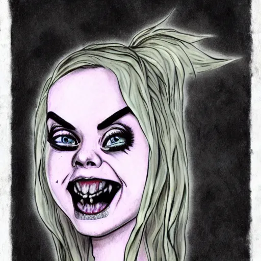 Image similar to grunge drawing of a happy billie eilish in the style of loony toons | horror themed | pennywise style