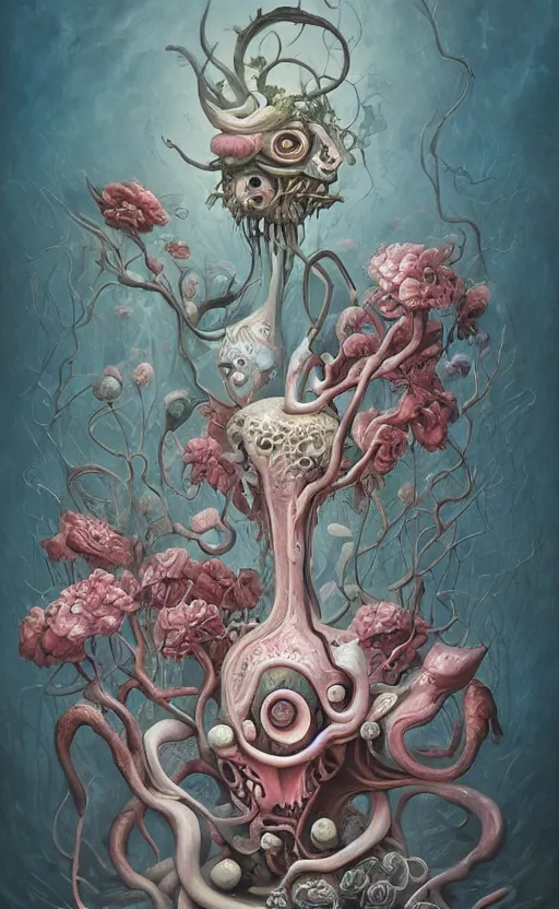 Prompt: a biomorphic painting of a vase with flowers and eyeballs in it, a surrealist painting by Nychos, by Peter Mohrbacher, by Beksinski, pastel blues and pinks, featured on artstation, metaphysical painting, oil on canvas, fluid acrylic pour art, airbrush art,