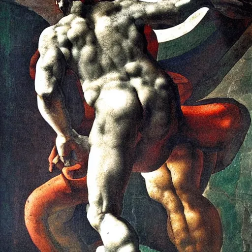 Image similar to human figure, courage, against all odds, unlikely hero, no fear, hero's journey, strength, valor, high detail painting by michelangelo, man climbing obstacles,