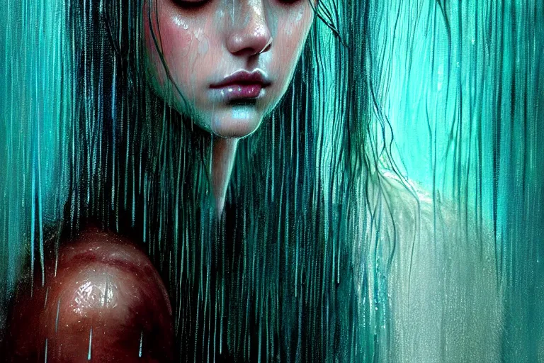 Image similar to girl in rain with wet hair and face, teal, fantasy, intricate, elegant, dramatic lighting, emotionally evoking symbolic metaphor, highly detailed, lifelike, photorealistic, digital painting, artstation, concept art, smooth, sharp focus, illustration, art by John Collier and Albert Aublet and Krenz Cushart and Artem Demura and Alphonse Mucha