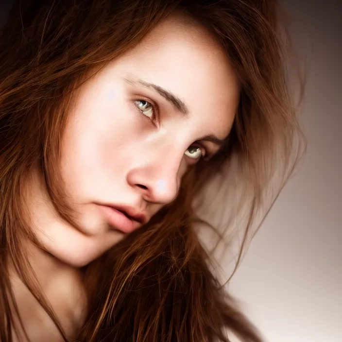 Image similar to photographic Close-up face of a extremely beautiful girl with light brown hair , high light on the left, non-illuminated backdrop, illuminated by a dramatic light, Low key lighting, light dark, High constrast, dramatic , Steve Mccurry, Greg Rutkowski, Alphonse Mucha ,dark background, high quality, photo-realistic, 8K,