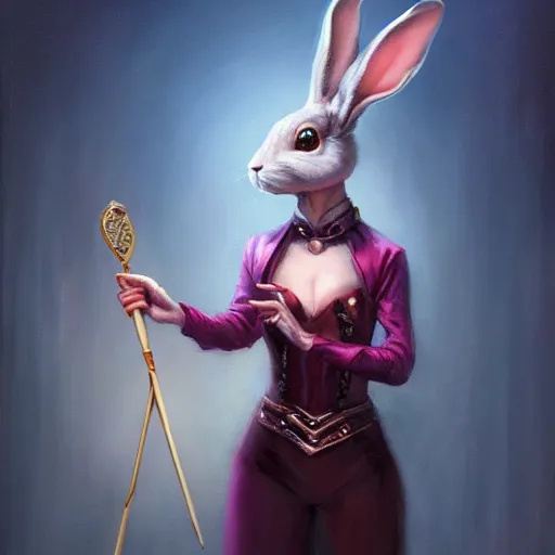 Image similar to oil painting of a rabbit dressed like a female stage magician holding a magic wand, urban fantasy art by seb mckinnon, artstation npc character design, top - rated