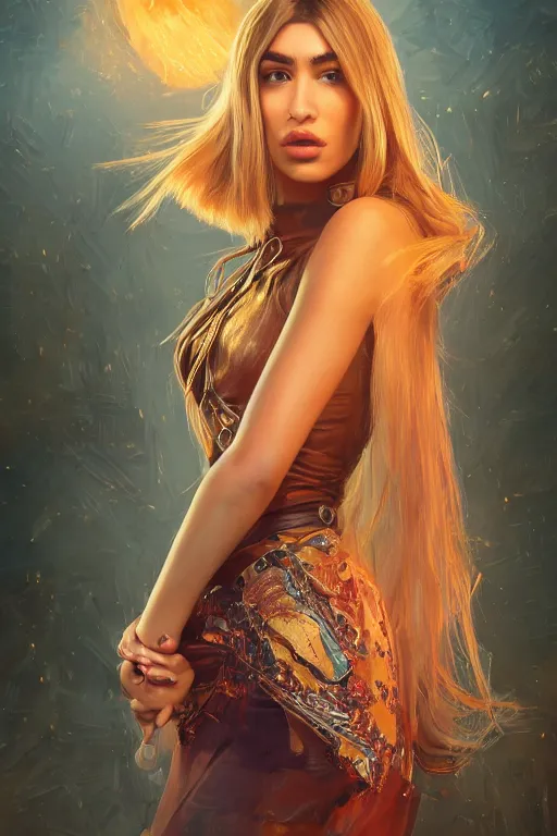 Prompt: leaning forward zingy portrait featuring a perfect dua lipa with saffron stunning blond braids as a time lord, by steve henderson, trending on artstation, naturalism, steampunk, in - depth, lumen global illumination, 8 k, resolution, street art, steelpunk, voronoi minkowski