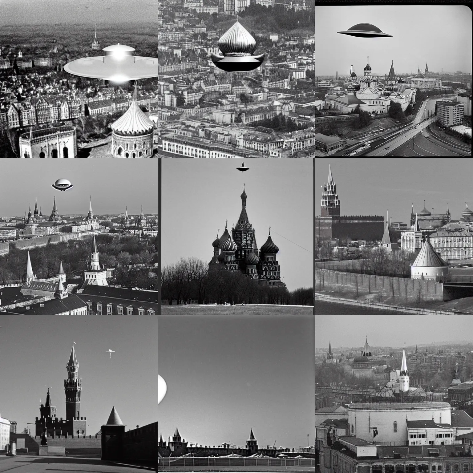 Prompt: a 1960s photo of a UFO flying over the Kremlin