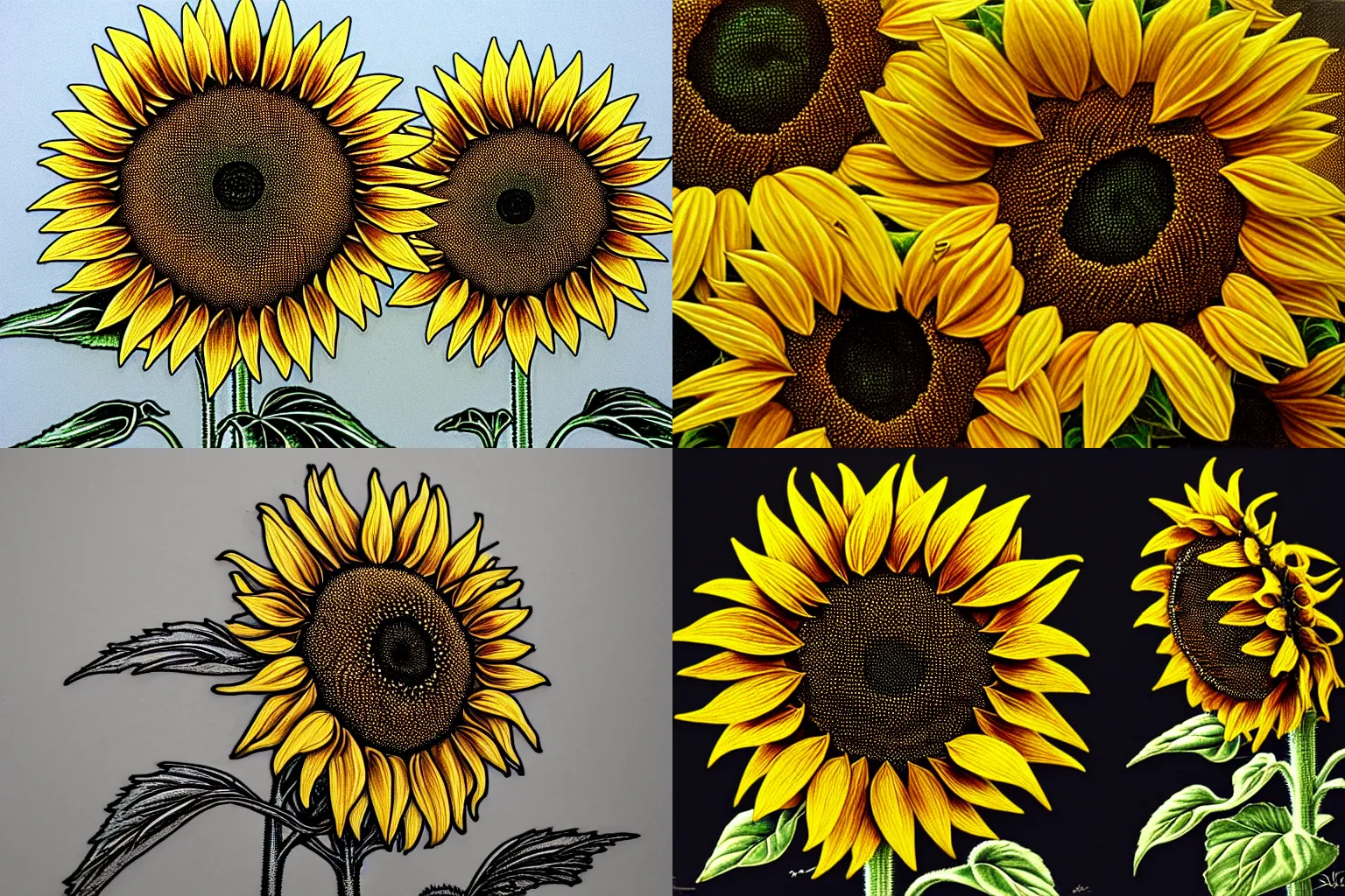 Prompt: extremely detailed sunflowers, trending on artstation, golden, delicate, hyper realistic, engraving, 8 k