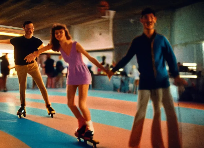 Image similar to a 35mm photograph of a man and a woman roller skating at a roller rink in the 1950's at sunset, bokeh, Canon 50mm, cinematic lighting, photography, retro, film, Kodachrome, award-winning, rule of thirds, golden hour