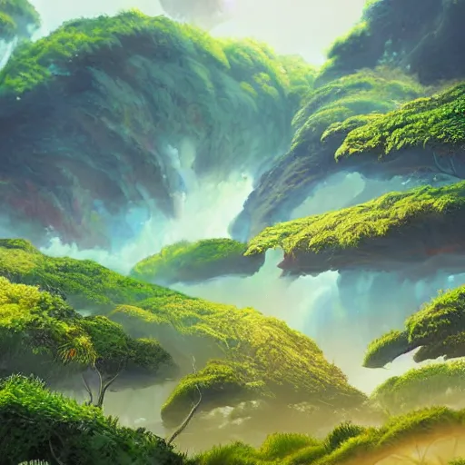 Image similar to digital painting of a lush natural scene on an alien planet by sachiko butou. ultra sharp high quality digital render. detailed. beautiful landscape. colourful weird vegetation. cliffs and water.