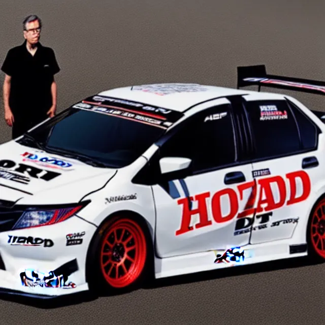 Image similar to a photo of bob lazar standing by honda civic drift spec car, cinematic lighting, detailed symmetrical face, photorealistic, highly detailed