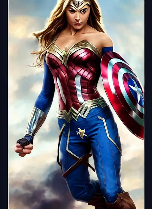 Image similar to toned young april with a mischievous face and extremely long blonde wavy hair dressed as teen superhero, posing with hands behind back, captain america, wonder woman, intricate detailed face, artgerm, greg rutkowski, alphonse mucha