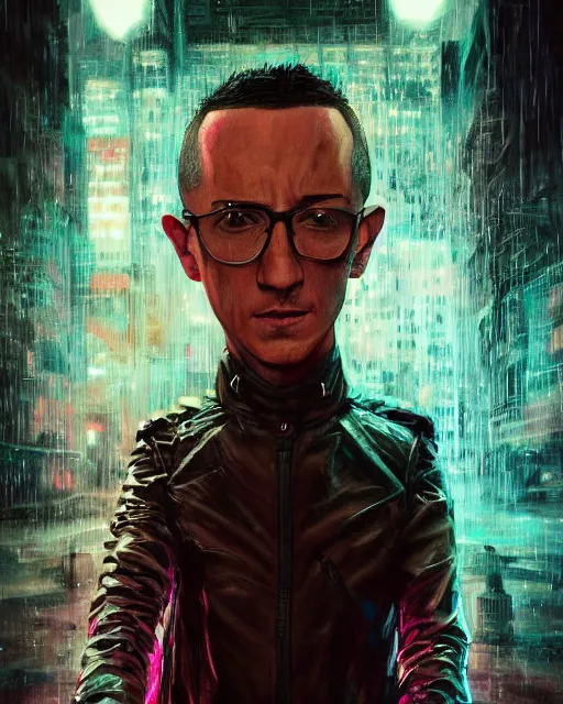 Image similar to An epic fantasy comic book style portrait painting of a very imposing Chester Bennington in the rain , neon reflections, character design by Mark Ryden and Pixar and Hayao Miyazaki, unreal 5, DAZ, hyperrealistic, octane render, cosplay, RPG portrait, dynamic lighting, intricate detail, cinematic