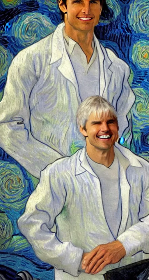 Image similar to Tom Cruise in white lab coat by Van Gogh