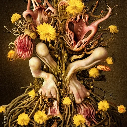 Image similar to disgusting disturbing strange dutch golden age bizarre mutant flower floral still life with many human body parts realistic human toes blossoming everywhere insects very detailed fungus tumor disturbing tendrils bizarre slimy forms sprouting up everywhere by rachel ruysch christian rex van minnen black background chiaroscuro dramatic lighting perfect composition masterpiece high definition 8 k 1 0 8 0 p