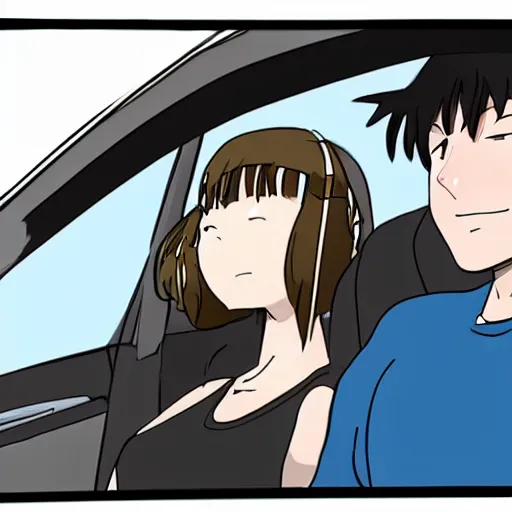 Prompt: low!!! camera angle view ( from the side ) of two people sitting next to each other in a car driving home, anime style