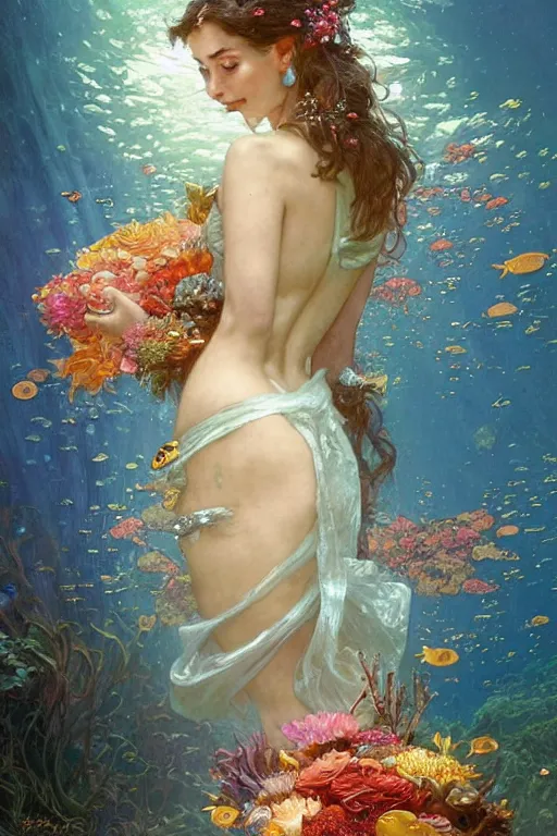 Image similar to portrait of a beautiful mysterious woman holding a bouquet of flowing flowers, small bubbles from her mouth, hands hidden under the bouquet, submerged underwater filled with colorful small fish and coral reef, fantasy, regal, intricate, by stanley artgerm lau, greg rutkowski, thomas kindkade, alphonse mucha, loish, norman rockwell