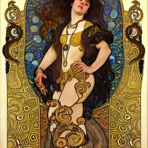 Image similar to realistic detailed dramatic symmetrical portrait of beast with a golden cup as Salome dancing, wearing an elaborate jeweled gown, by Alphonse Mucha and Gustav Klimt, gilded details, intricate spirals, coiled realistic serpents, Neo-Gothic, gothic, Art Nouveau, ornate medieval religious icon, long dark flowing hair spreading around her