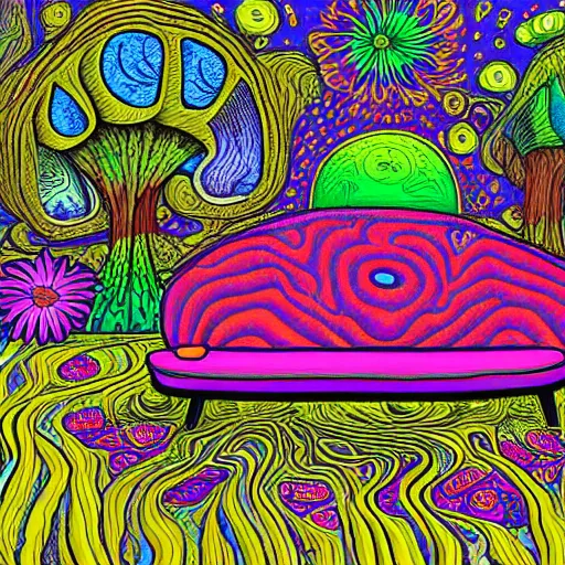 Prompt: psychedelic trippy couch in the lush forest, planets, flowers, mushrooms milky way, sofa, cartoon by ronald balfour