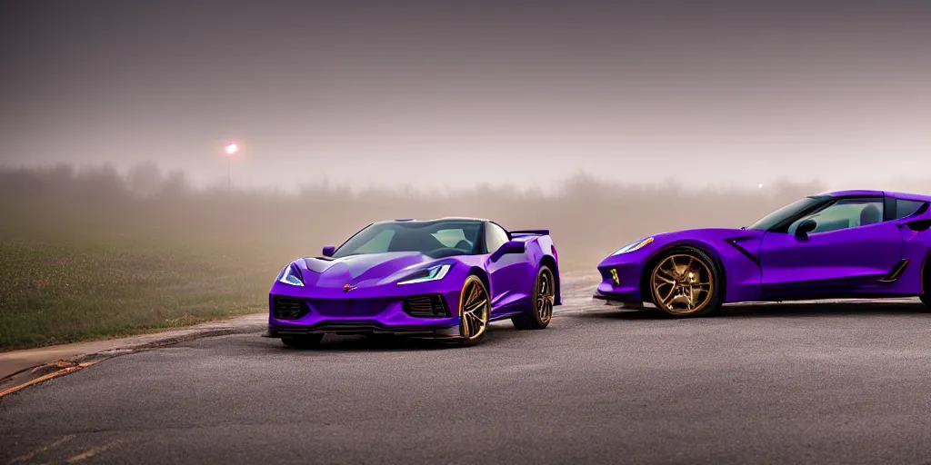 Image similar to parked purple 2 0 2 3 chevrolet corvette z 0 6, fog, rain, volumetric lighting, beautiful, golden hour, sharp focus, highly detailed, cgsociety