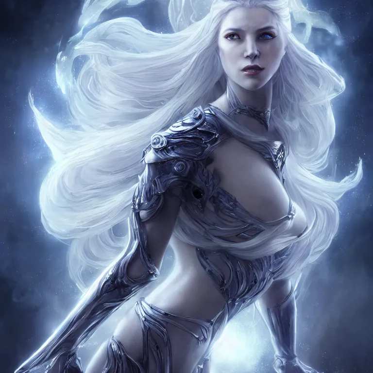 Image similar to beautiful cinematic fantasy poster, sci-fi, a beautiful female ghost with brilliant silver flowing hair and a brilliant jeweled silver helm, beautiful white glowing eyes, wideshot ultrawide angle epic scale, hybrid from The Elden Ring and art direction by Darius Zawadzki ;by artgerm; wayne reynolds art station; cinematic quality character render; low angle; ultra high quality model; production quality cinema model;