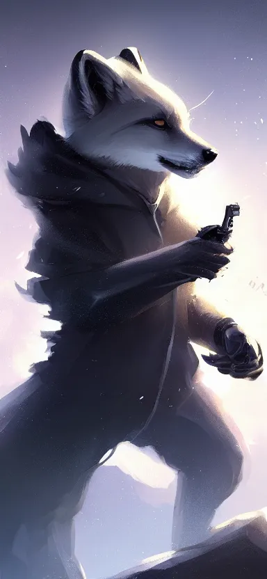 Image similar to a league of legends concept art of an anthropomorphic arctic fox in a black hoodie holding a gun, front view, artstation, digital art, oc commission, style by jordan grimmer and greg rutkowski, 4 k resolution