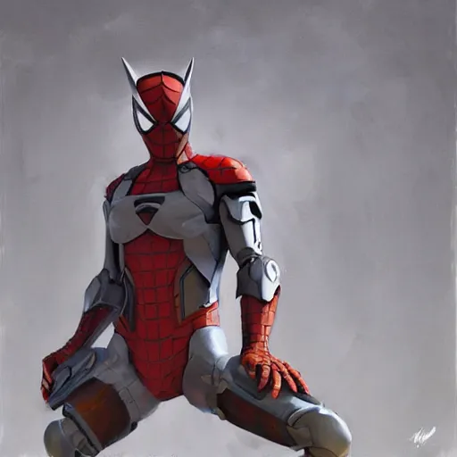 Image similar to greg manchess portrait painting of armored spiderman ultraman grey fox from metal gear cyborg gay japanese - american hybrid as overwatch character, medium shot, asymmetrical, profile picture, organic painting, sunny day, matte painting, bold shapes, hard edges, street art, trending on artstation, by huang guangjian and ail elvgren and sachin teng