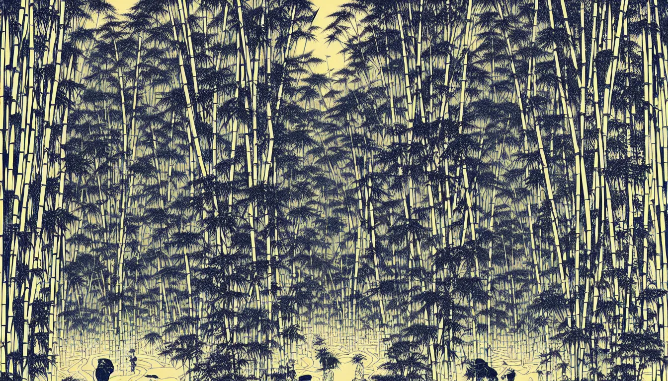 Prompt: bamboo grove with large ferns by woodblock print, nicolas delort, moebius, victo ngai, josan gonzalez, kilian eng