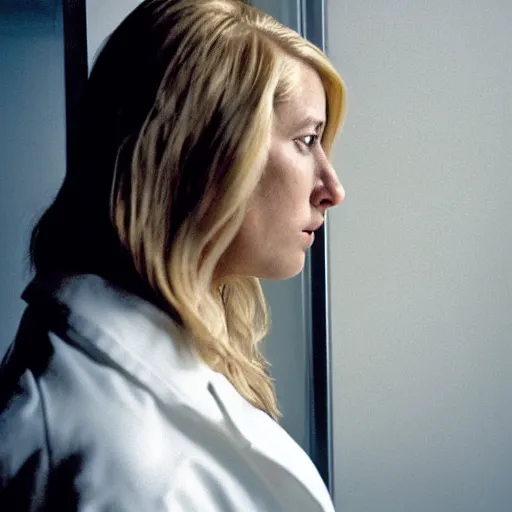 Prompt: profile of female nurse, blond hair. white coat, in an elevator, gregory crewdson