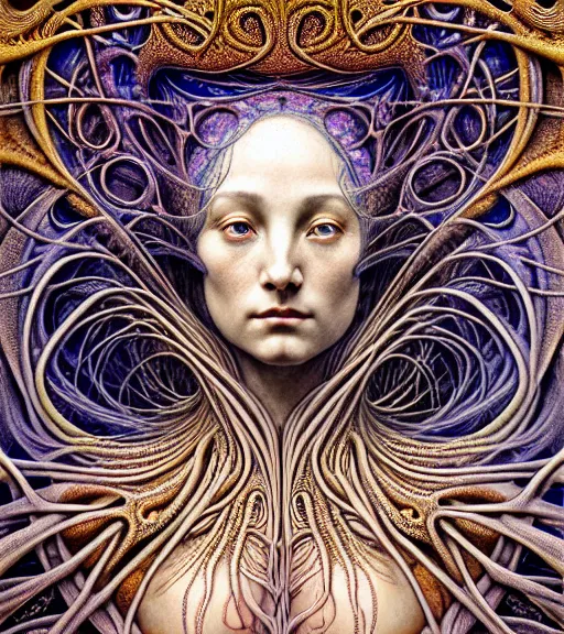 Image similar to detailed realistic beautiful psychedelic goddess face portrait by jean delville, gustave dore, iris van herpen and marco mazzoni, art forms of nature by ernst haeckel, art nouveau, symbolist, visionary, gothic, neo - gothic, pre - raphaelite, fractal lace, intricate alien botanicals, ai biodiversity, surreality, hyperdetailed ultrasharp octane render