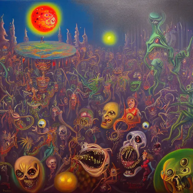 Prompt: an oil on canvas painting of the carnival of nightmares, polycount, surrealism, surrealist, cosmic horror, high detail