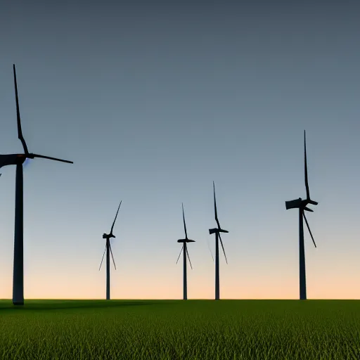 Image similar to A row of giant windmills in a field at midnight, octane render, volumetric lighting, 4K, cinematic