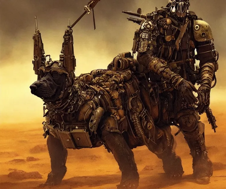 Image similar to a good ol'bloodhound dog fursona ( from the furry fandom ), heavily armed and armored facing down armageddon in a dark and gritty version from the makers of mad max : fury road. witness me.