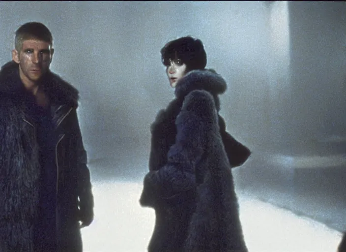 Prompt: scene with Deckard and Rachel from the 1982 science fiction film Blade Runner