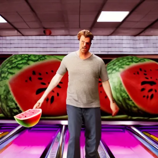 Image similar to big lebowski throwing watermelon in bowling alley, cinematic action still, award winning professional food photography