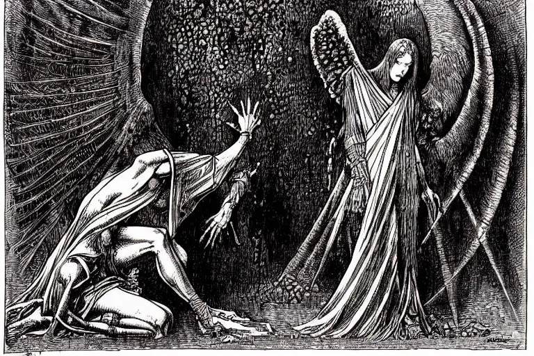 Image similar to fallen angel begs to enter the gates of hell by philippe druillet and gustave dore and les edwards and much a and moebius and hieronymus bosch