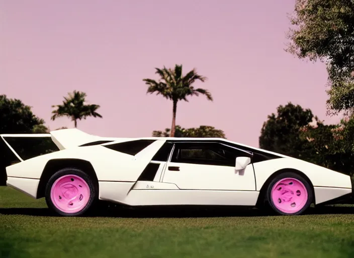 Image similar to a white lamborghini countach. palms and blue sky in the background. 8 0's style. purpur to pink gradient