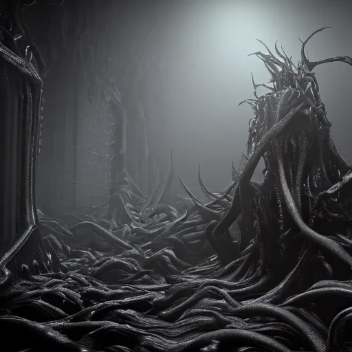 Prompt: photorealistic abyssal depth of darkness that holds evil souls inspired by Tim Burton and Giger, octane render, unreal engine 4k, detailed