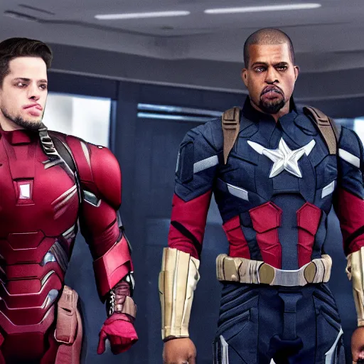 Prompt: Pete Davidson and Kanye West in Captain America: Civil War (2016), 8K concept art, detailed
