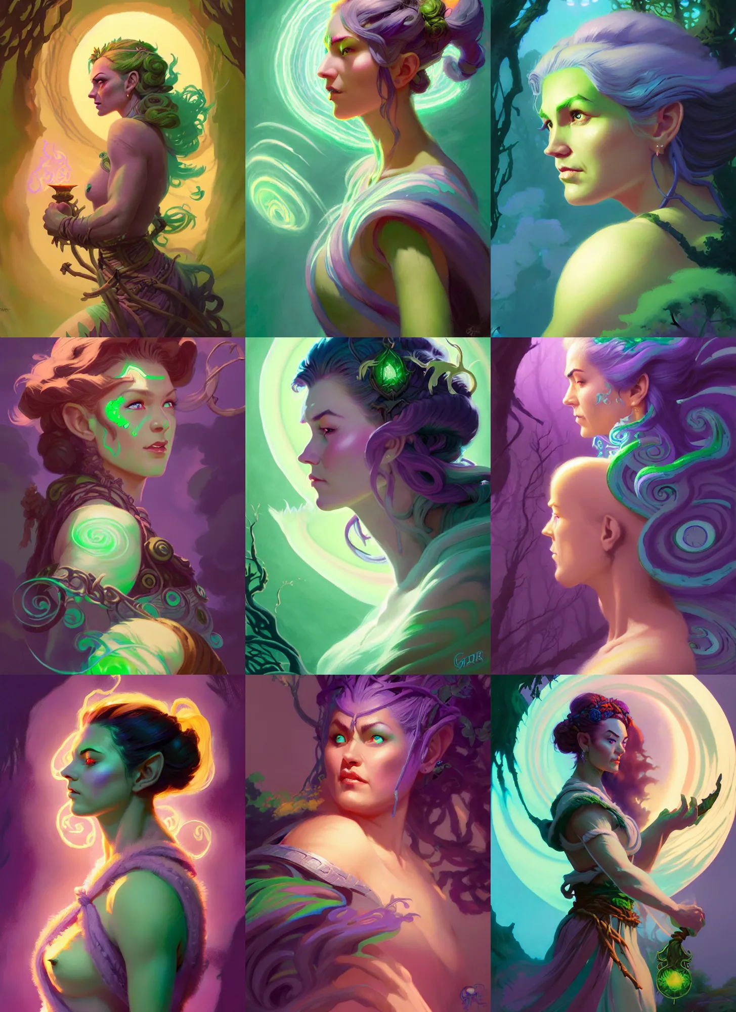 Prompt: side portrait, female half - orc forest druid, gloomhaven, luminescent, colorful swirly magic ripples, tarot, pastel colors, by greg manchess, huang guangjian, gil elvgren, sachin teng, greg rutkowski, jesper ejsing, ilya kuvshinov