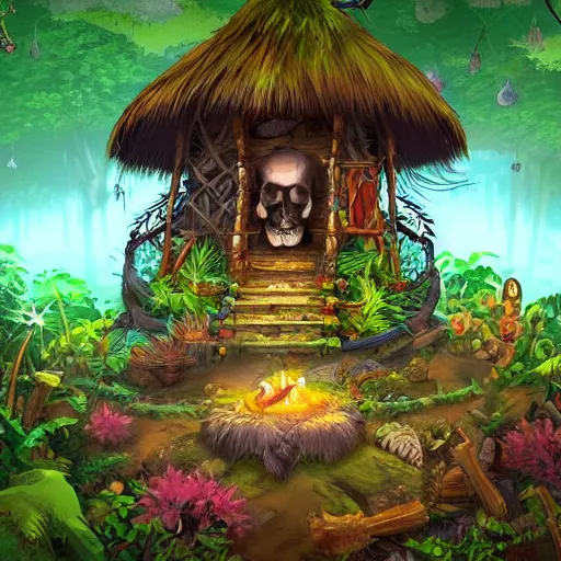 Image similar to cool video game key frame pixel art of a witchdoctor in an overgrown jungle hut with a skull on the table. vines and flowers. a matte digital painting, epic composition, god rays, vivid tones :