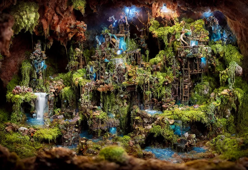 Prompt: orama miniature enchanted water well, plants inside cave, with godray, vale encantado, cave photography lighting by ellen jewett, tomasz alen kopera and justin gerard foam mist water, ruins, building blocks, moss, evergreen, water, droplets, wet, flow, river, chameleon